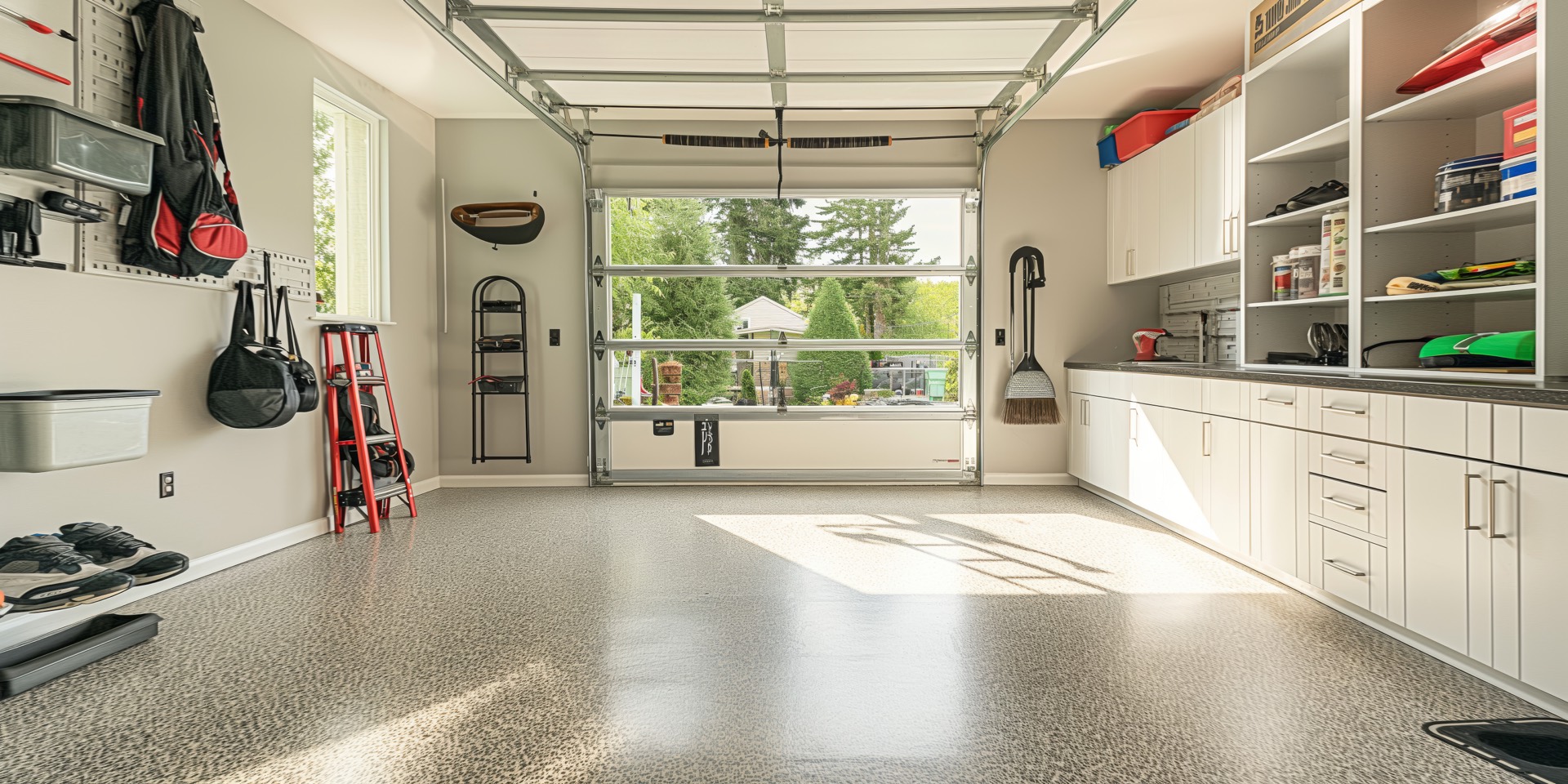 Organized garage with pegboard and cabinets