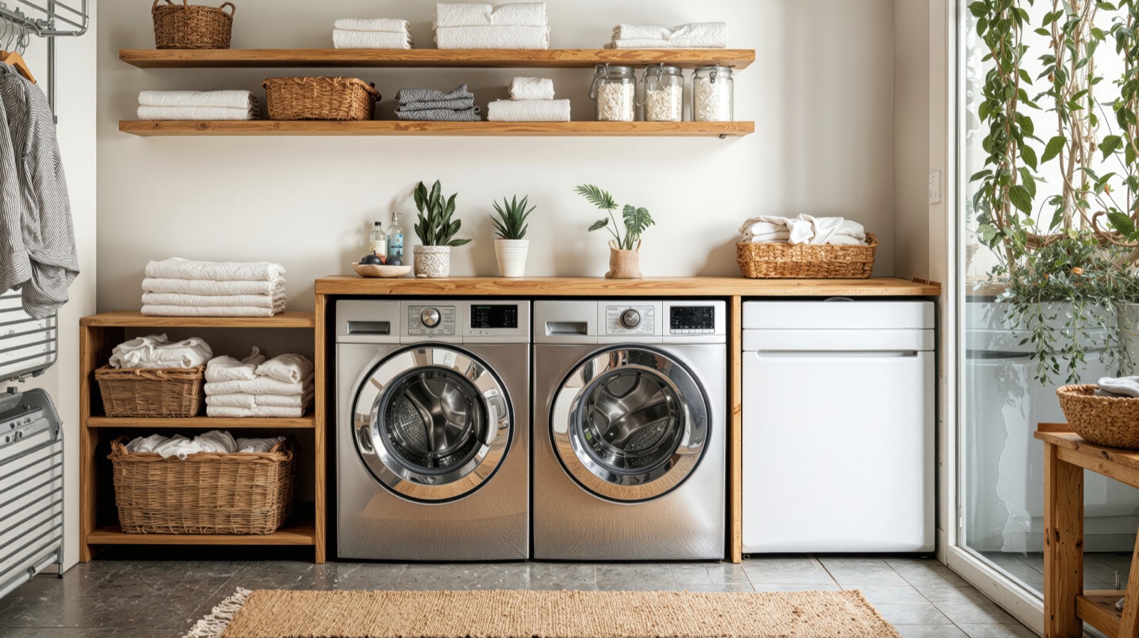 Organized laundry room with shelving and baskets